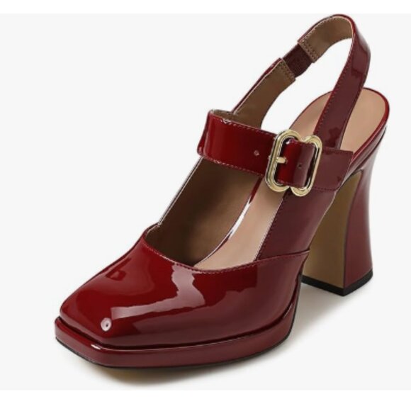 FYS Red Platform Square Toe Pumps Block High Heel Mary Janes Slingback Sexy Shoe - Picture 1 of 8